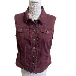 Unique Burgundy Denim Vest Streetwear With Rhinestone Buttons and Ruffle Trim